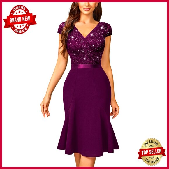 Elegant Sequin Lace Cocktail Dress V-Neck Mermaid Hem Prom Party Wear